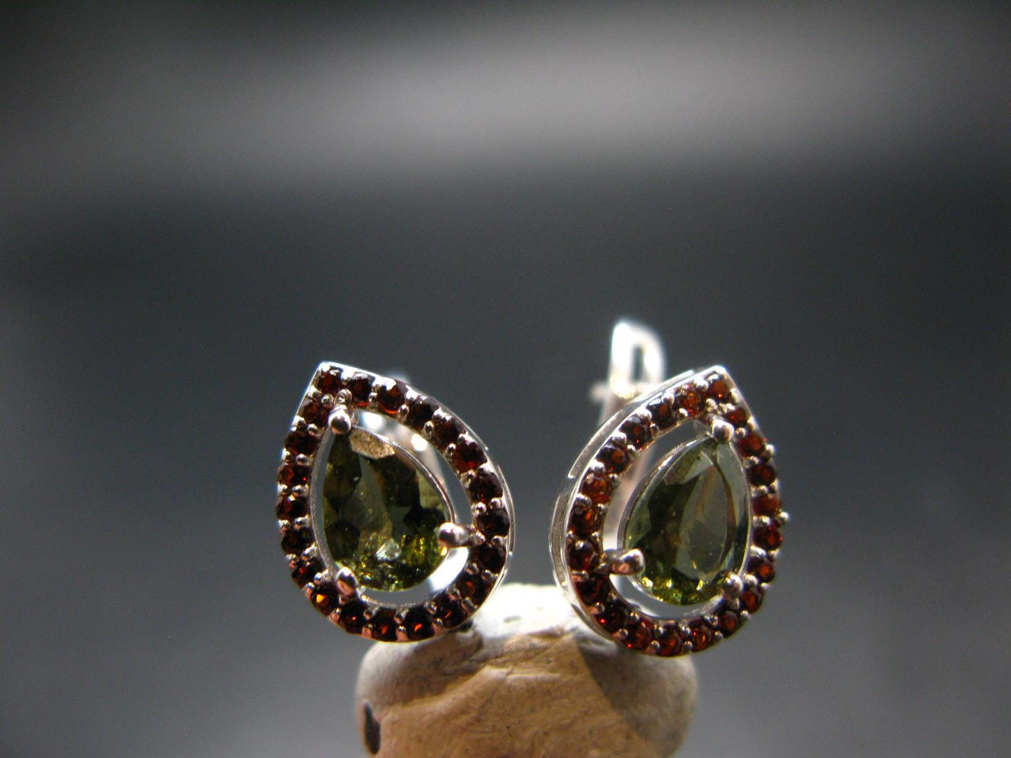 Moldavite Tektite & Red Garnet Silver Earrings from Czech Republic - 2.78 Grams