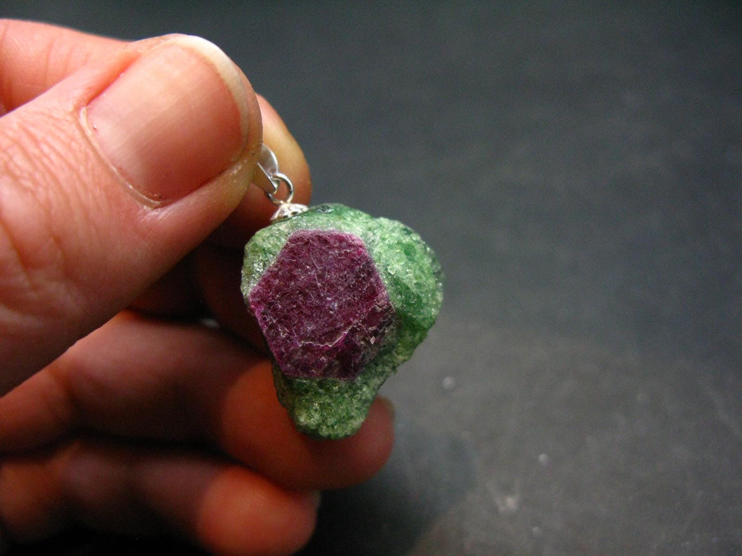 Rare Ruby In Zoisite Crystal Silver Pendant from India - 1.1"