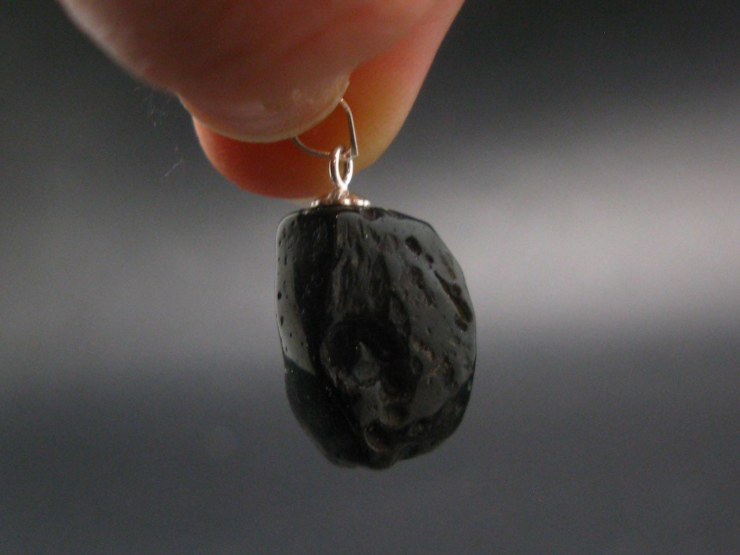 Tibetan Black Tektite Silver Pendant From Tibet - 0.9" - 3.36 Grams