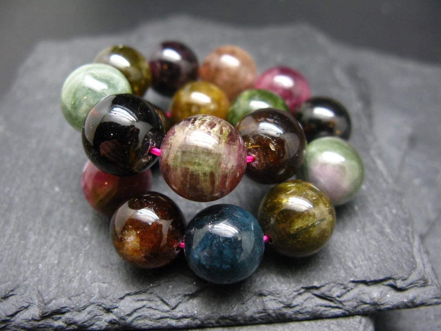 Gem Watermelon Bicolor Tourmaline Genuine Bracelet ~ 7.5 Inches ~ 13mm Round Beads