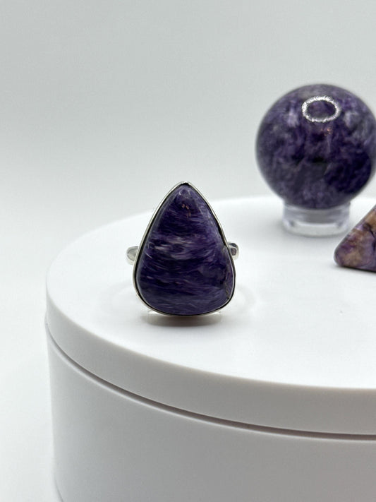 Beautifully Charoite & Sterling Silver Teardrop Ring - Size 7