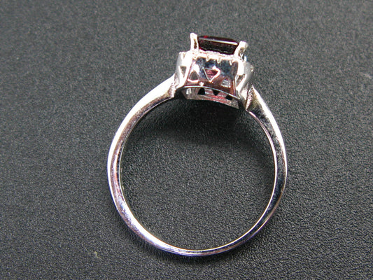 Natural Rectangular Faceted Red Garnet Rhodium Plated Sterling Silver Ring with CZ - Size 6