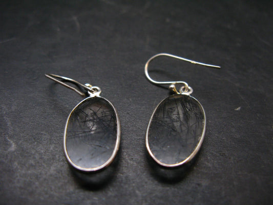 Large Tourmalinated Quartz Crystal Silver Earrings From Brazil - 1.4" - 3.80 Grams