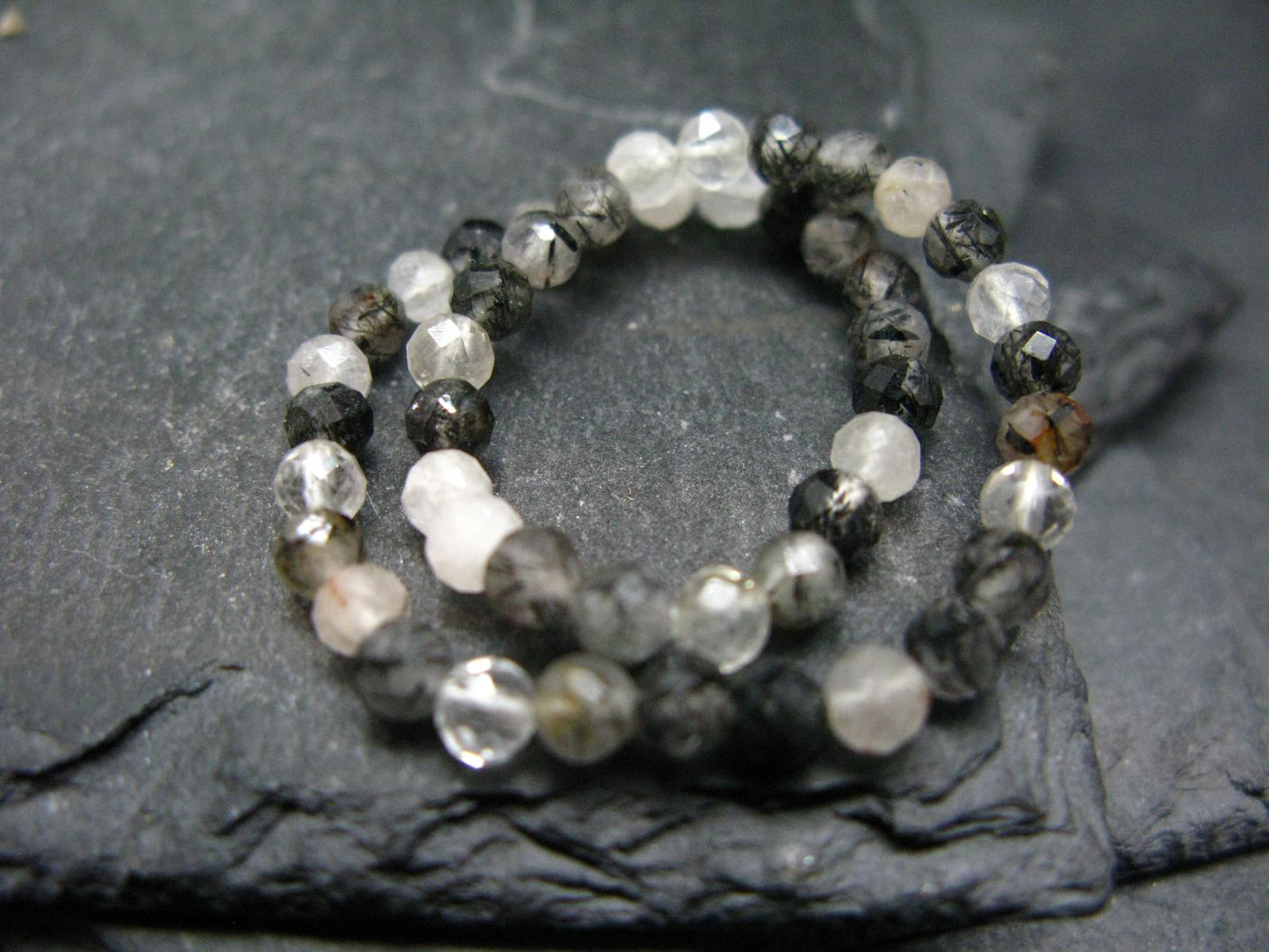 Tourmalinated Quartz w/ Black Tourmaline Genuine Bracelet ~ 7 Inches ~ 4mm Facetted Beads