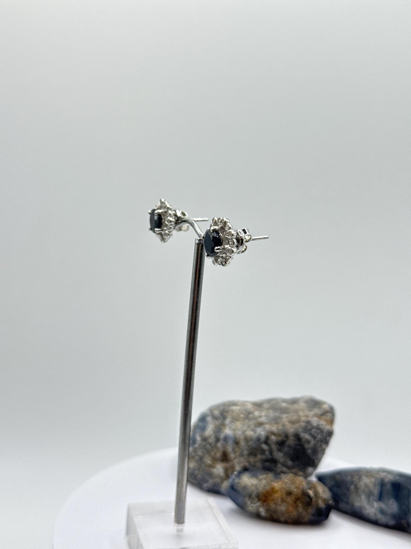 Sterling Silver Sapphire Halo Stud Earrings | September Birthstone