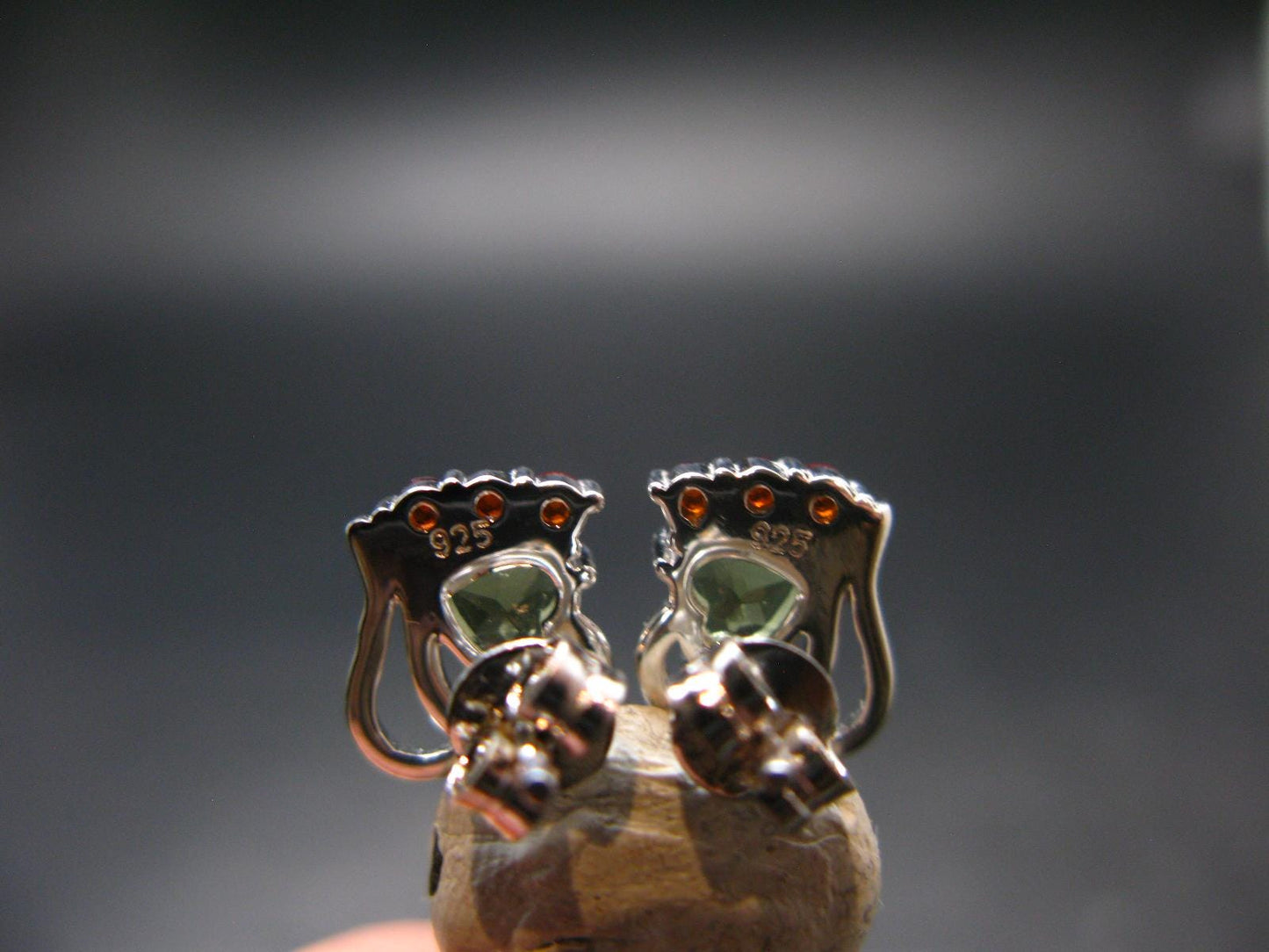 Moldavite Tektite & Red Garnet Silver Earrings from Czech Republic - 2.05 Grams