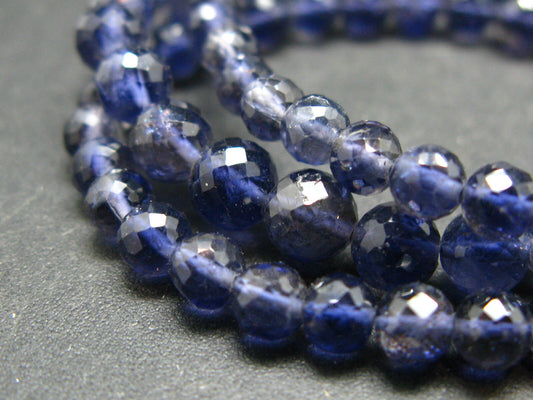 Natural Iolite Cordierite “Water Sapphire” Faceted Round Bead Necklace from India - 17"