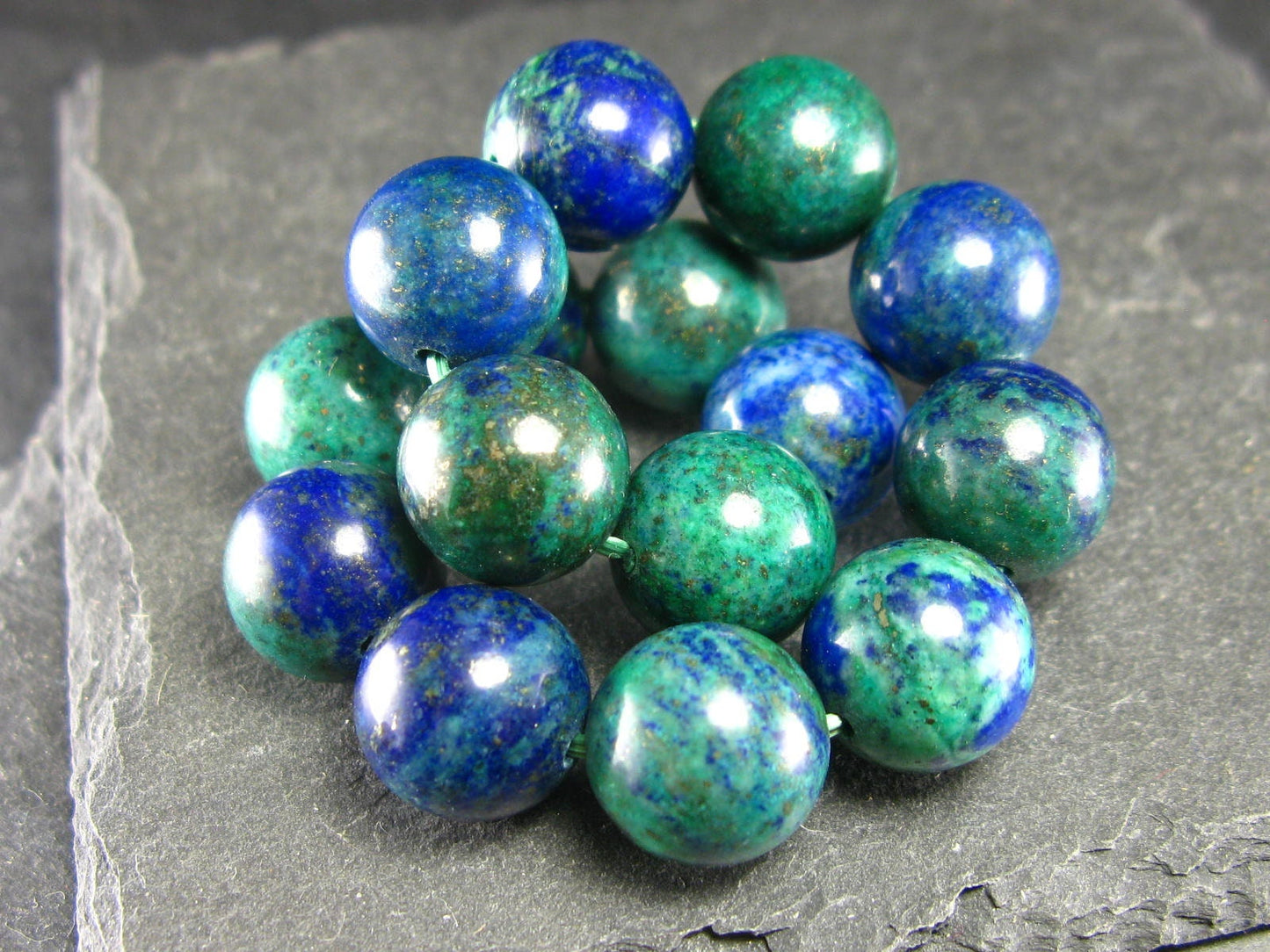 Quantum Quattro (Dioptase Chrysocola Malachite Shattuckite) Genuine Bracelet ~ 7 Inches ~ 12mm Round Beads