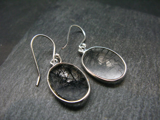Large Tourmalinated Quartz Crystal Silver Earrings From Brazil - 1.4" - 3.62 Grams