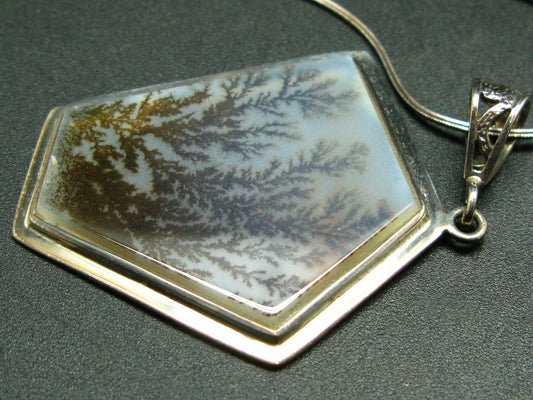 Tranquillity!! Rare Scenery Moss Agate Cabochon 925 Sterling Silver Pendant with Silver Chain from Kazakhstan - 4.0"