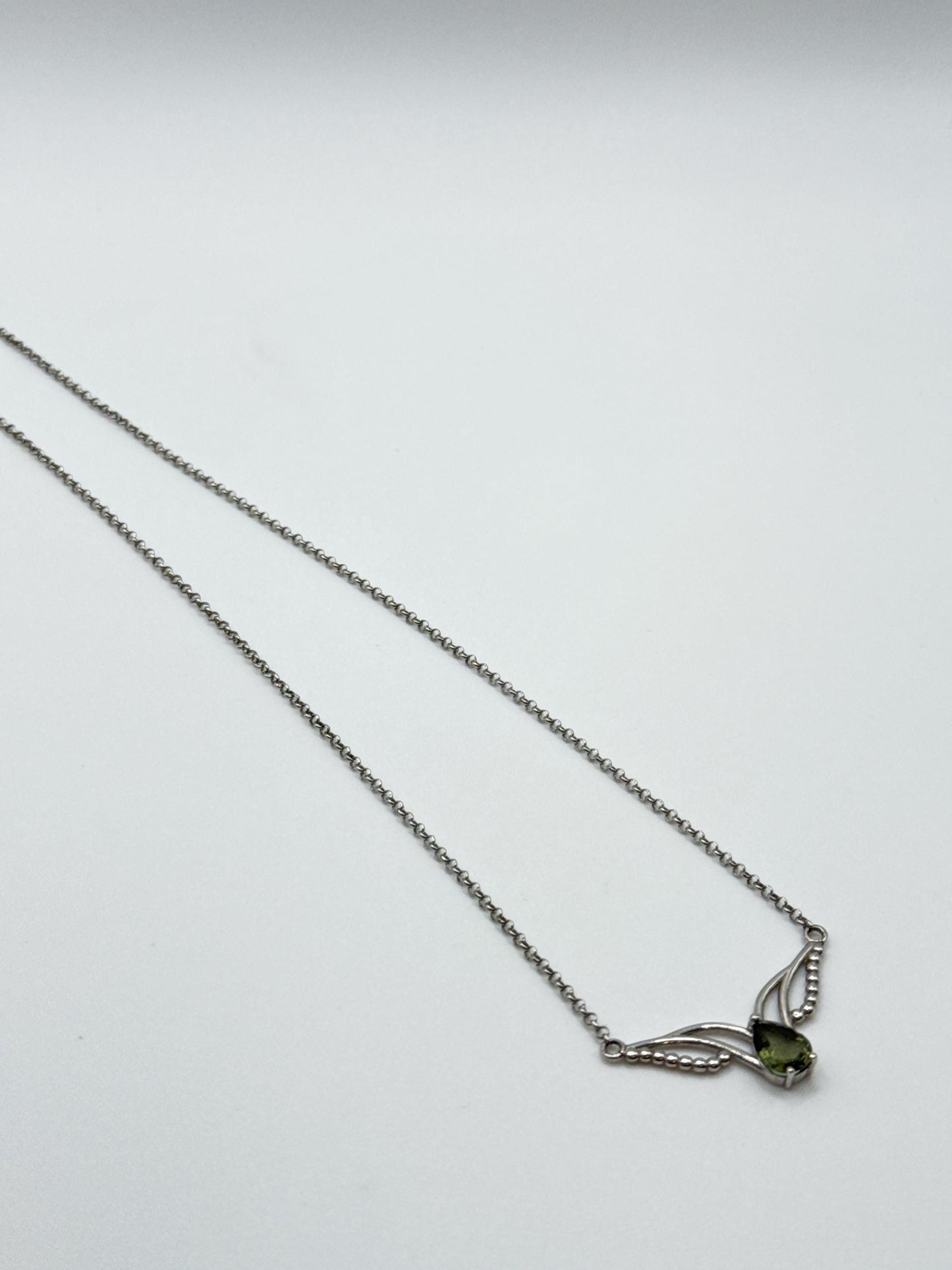 Sterling Silver Moldavite Necklace – Pear-Cut Gemstone with Wing Accents and Beaded Chain - 3.55 Grams