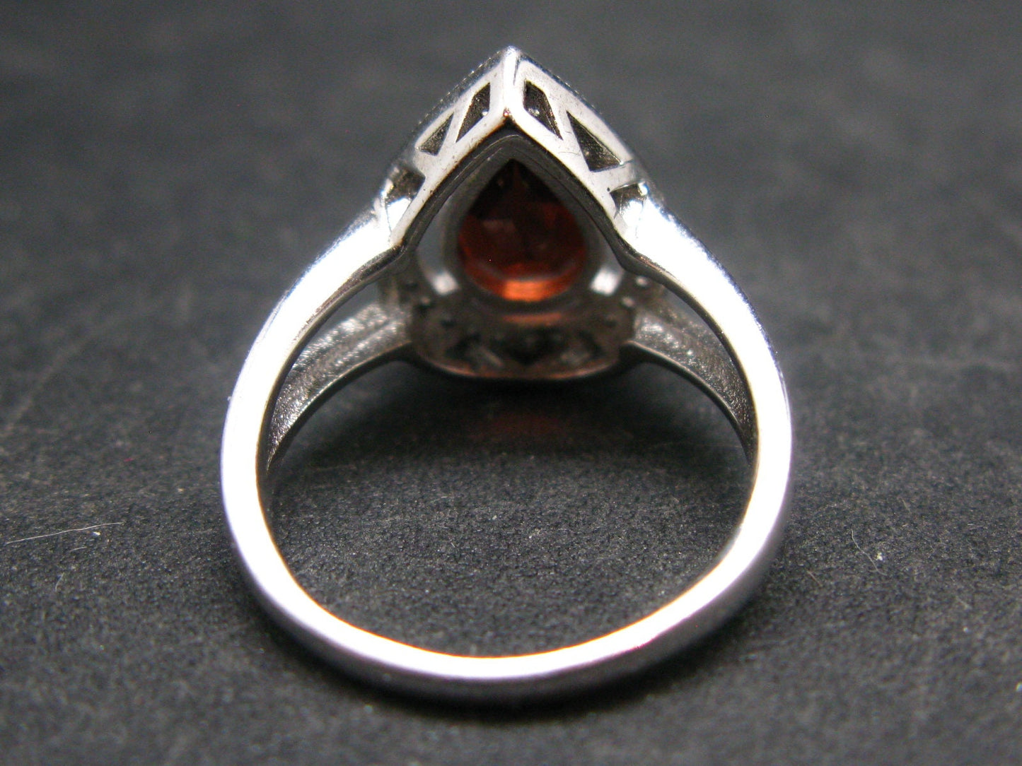Natural Pear Shaped Faceted Red Garnet Rhodium Plated Sterling Silver Ring with CZ - Size 6.0