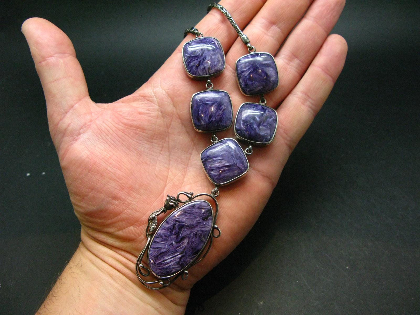 Stunning Six Stones Silky Charoite AAA Quality Sterling Silver Necklace From Russia - 17"