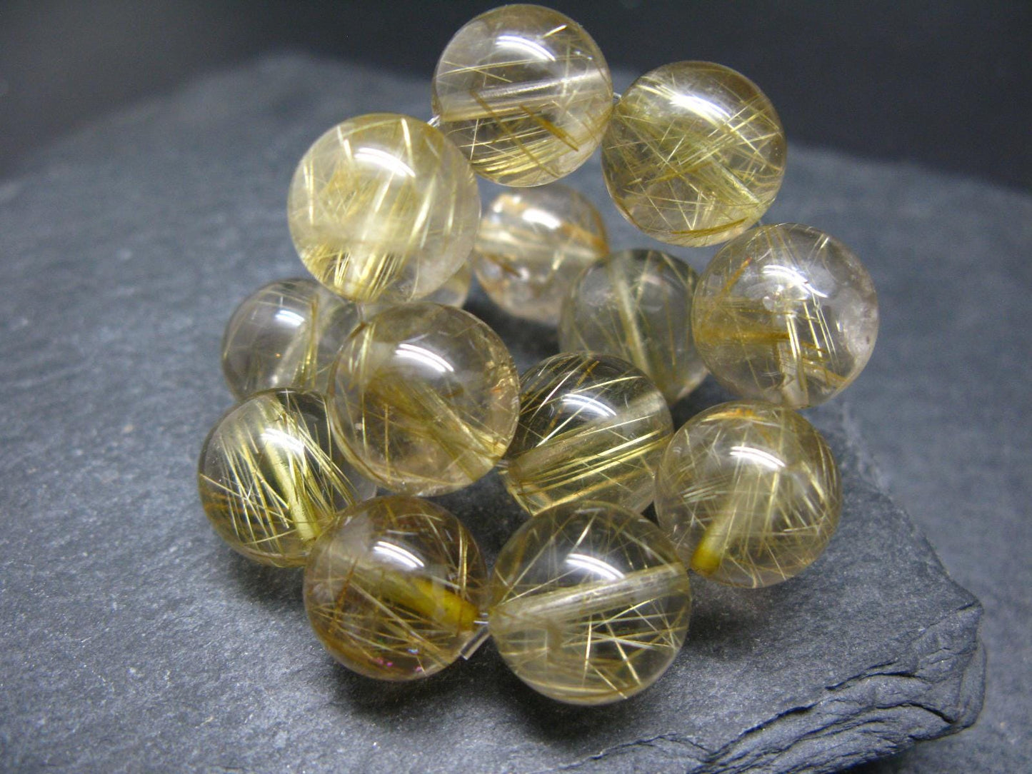 AAA Rutilated Quartz Genuine Bracelet ~ 7 Inches ~ 14mm Round Beads