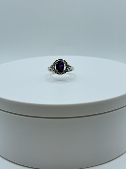 Amethyst Ring – Faceted Oval Cut – Silver Halo Design – Elegant Statement Ring - Size 6