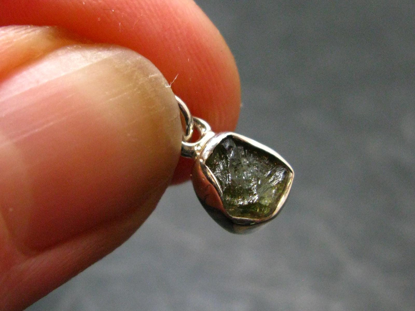 Gem Moldavite Tektite SS Pendant From Czech Republic - 0.5" - 0.57 Grams