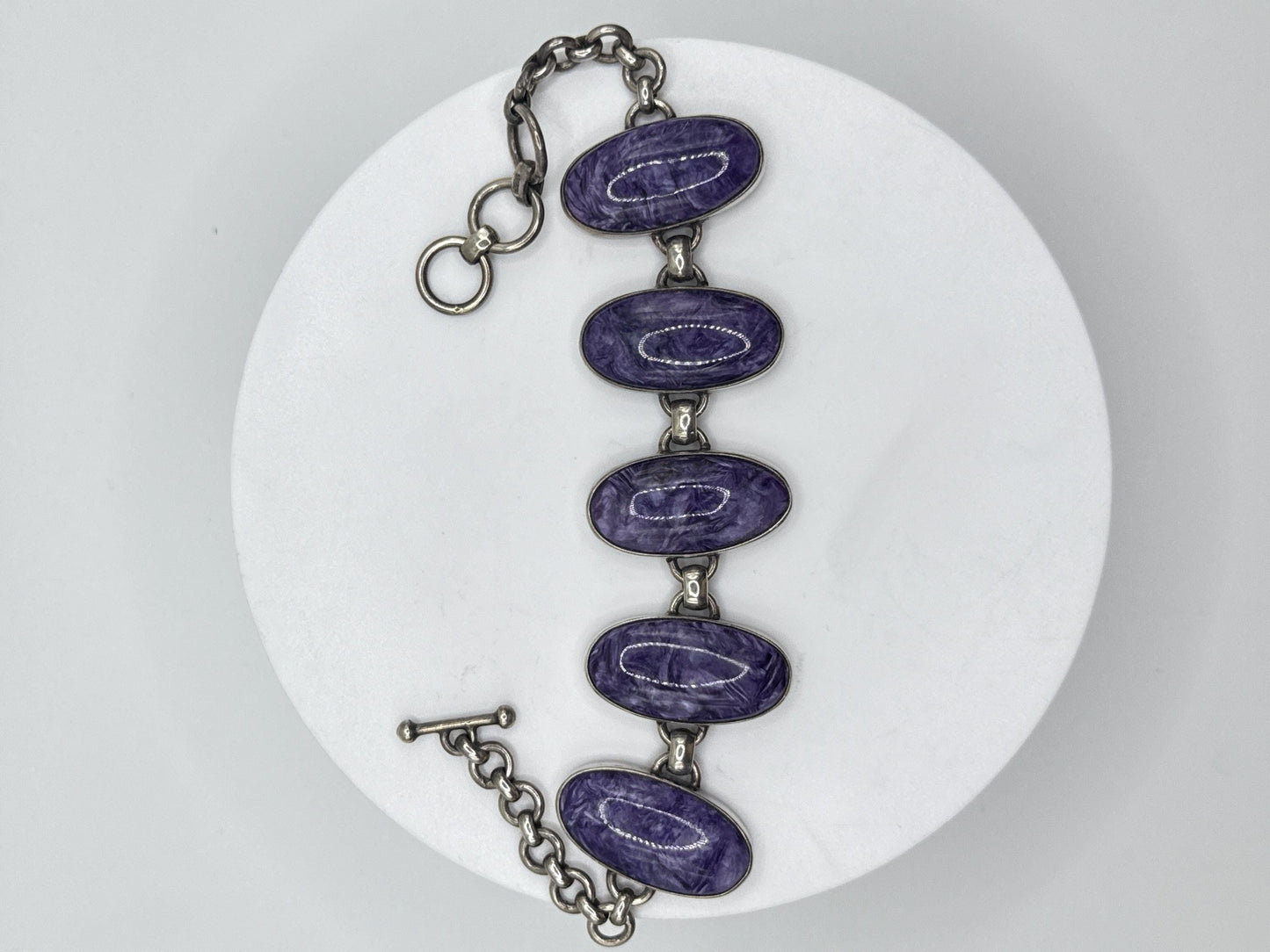 Charoite & Sterling Silver Oval Link Bracelet - 37.83 Grams