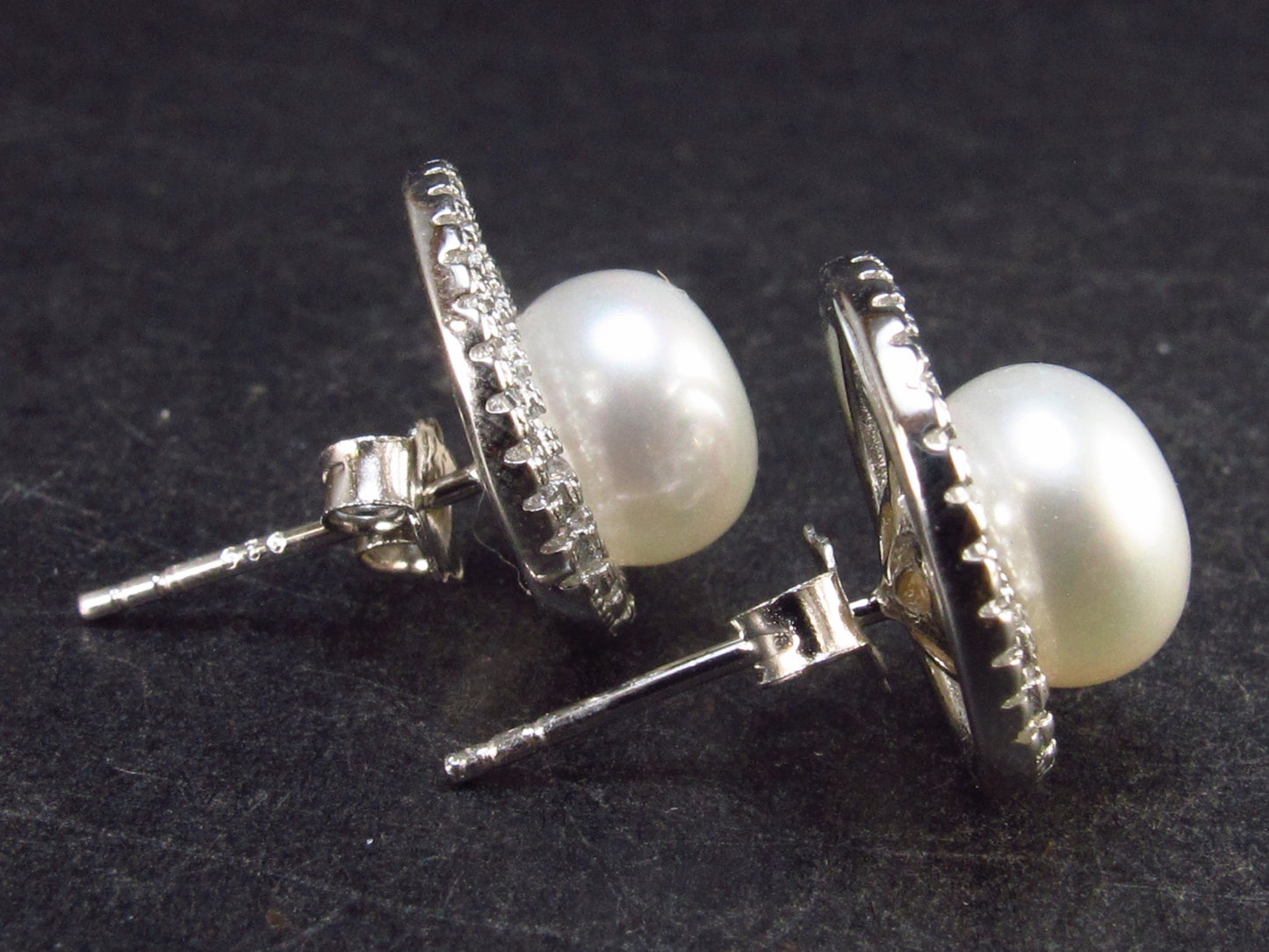 The Most Classic Earring Styles!! Natural 8mm Round Freshwater Cultured Pearls 925 Silver Stud Earrings with CZ - 0.8"