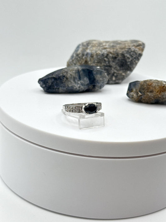 Black Sapphire Cabochon Ring | Sterling Silver Accent Stone Band, Size 6