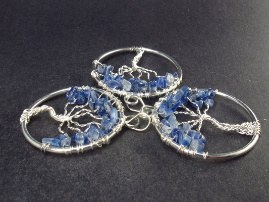 Set of 3 Natural Blue Kyanite Tree of Life Pendants