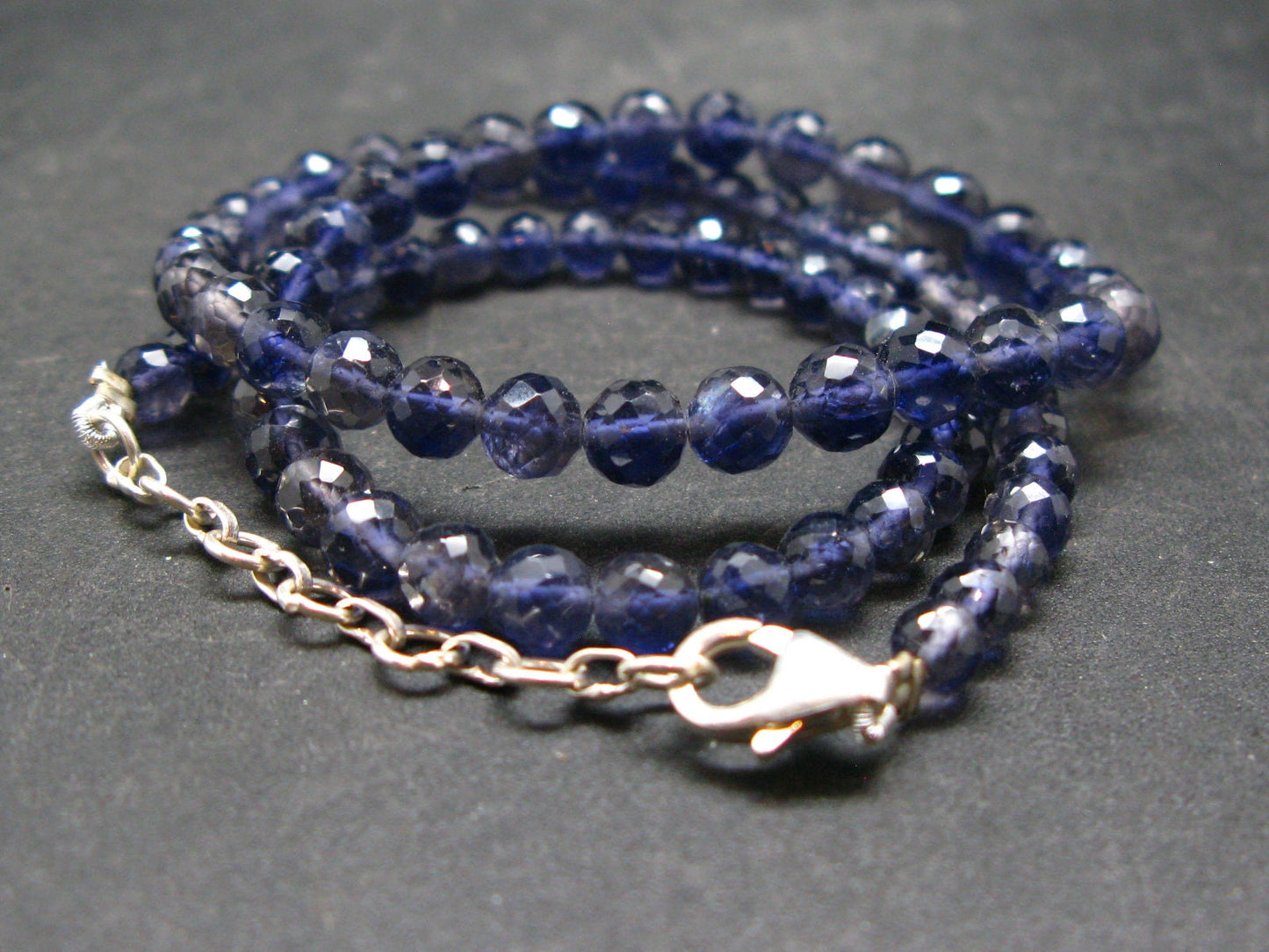 Natural Iolite Cordierite “Water Sapphire” Faceted Round Bead Necklace from India - 17"