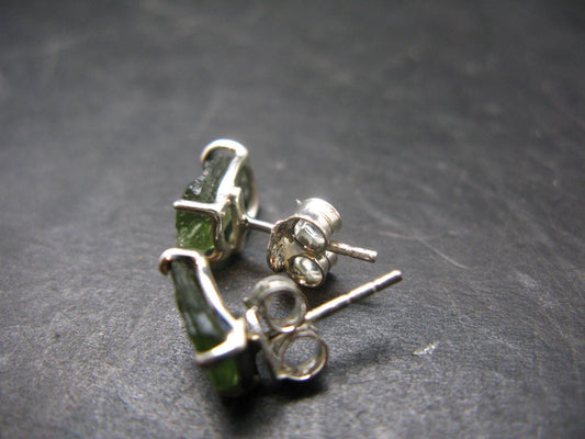 Natural Moldavite Tektite Raw Stud Earrings In Sterling Silver From Czech Republic - 1.64 Grams