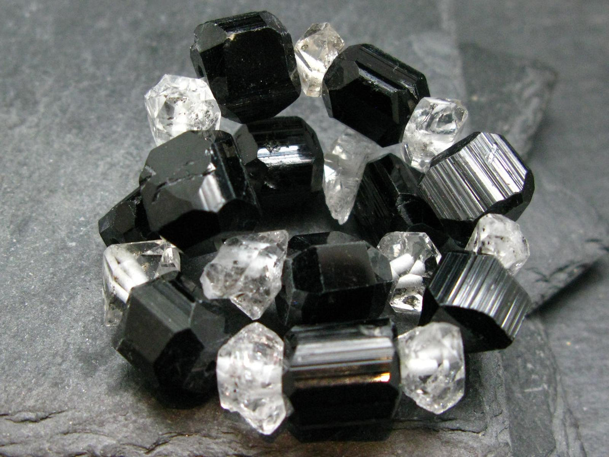 Black Tourmaline & Herkimer Diamond Genuine Bracelet ~ 7 Inches ~ 12mm Crystal Beads