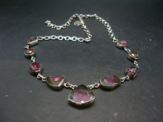 Watermelon Tourmaline Crystal Silver Necklace from Brazil - 18.5" - 25.5 Grams