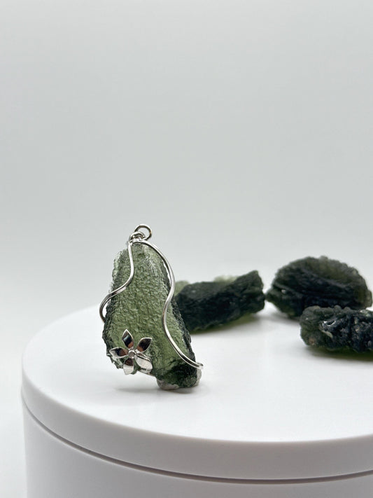 Raw Moldavite Sterling Silver Pendant – Floral Accent - 6.72 Grams