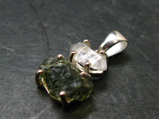 Moldavite & Herkimer Diamond Silver Pendant - 0.9" - 2.11 Grams