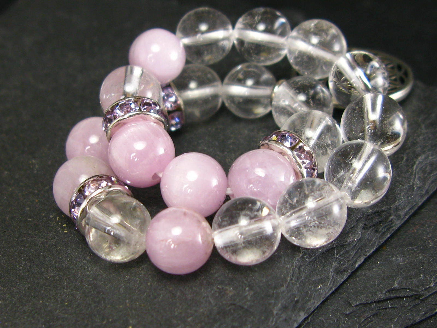 Kunzite & Quartz Genuine Bracelet ~ 7 Inches ~ 8mm Round Beads