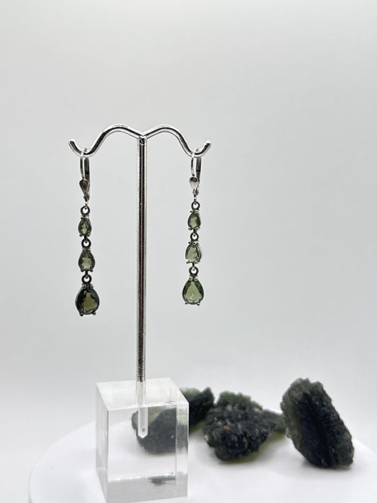 Faceted Moldavite Sterling Silver Drop Earrings - Weight 3.93 Grams