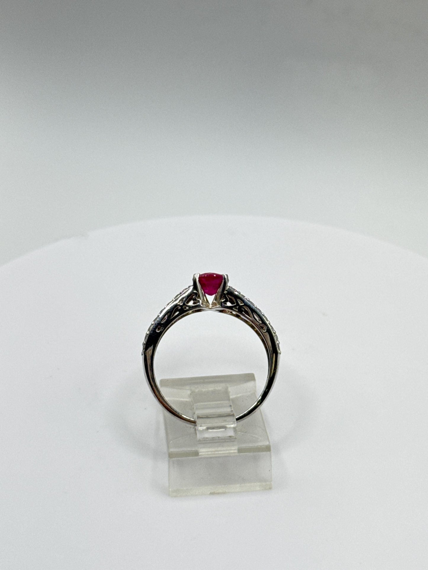Ruby Solitaire Ring | Sterling Silver Pavé Band, Size 8