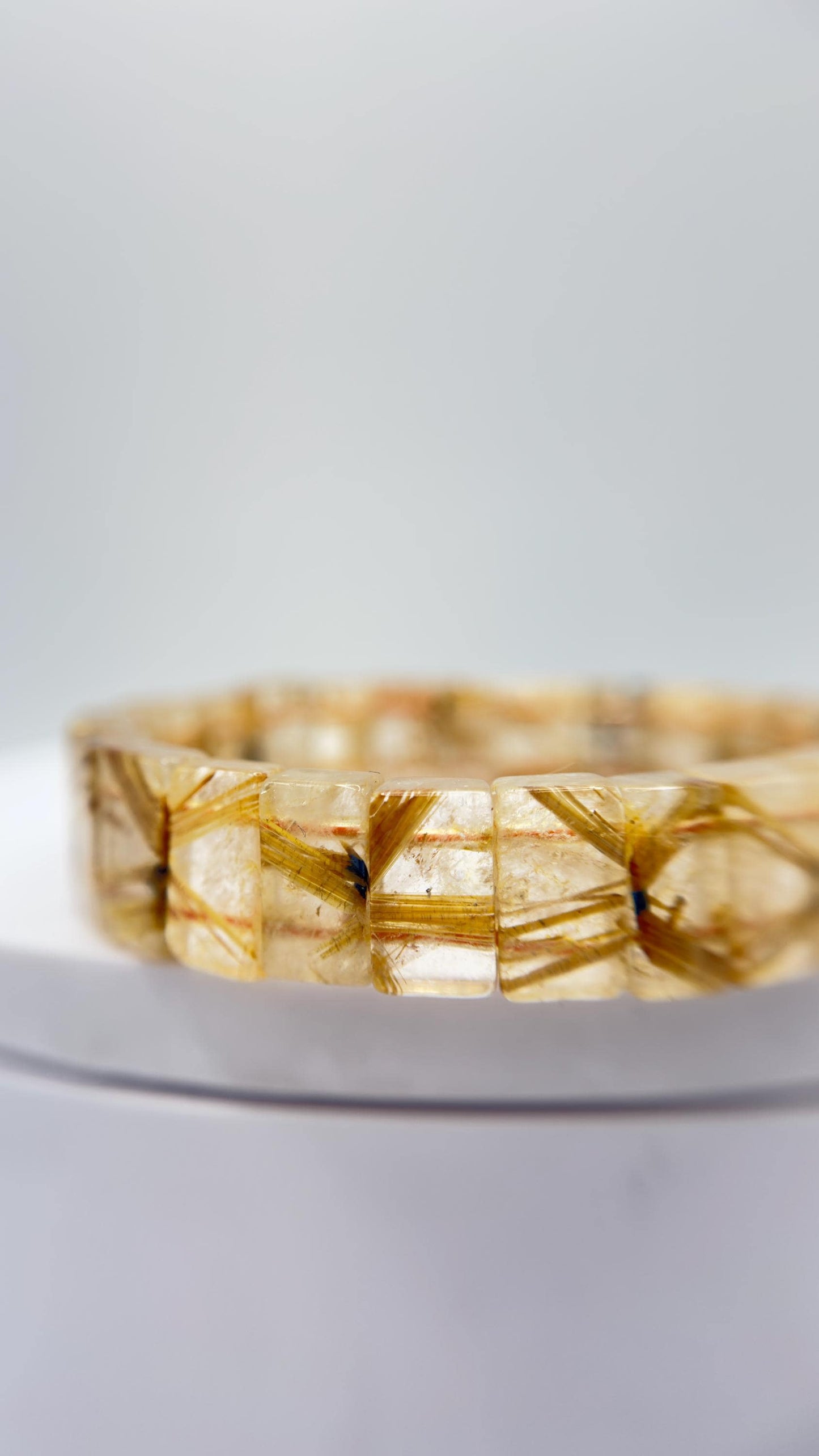 Golden Rutilated Quartz Tile Bracelet – Natural Gemstone Stretch Jewelry