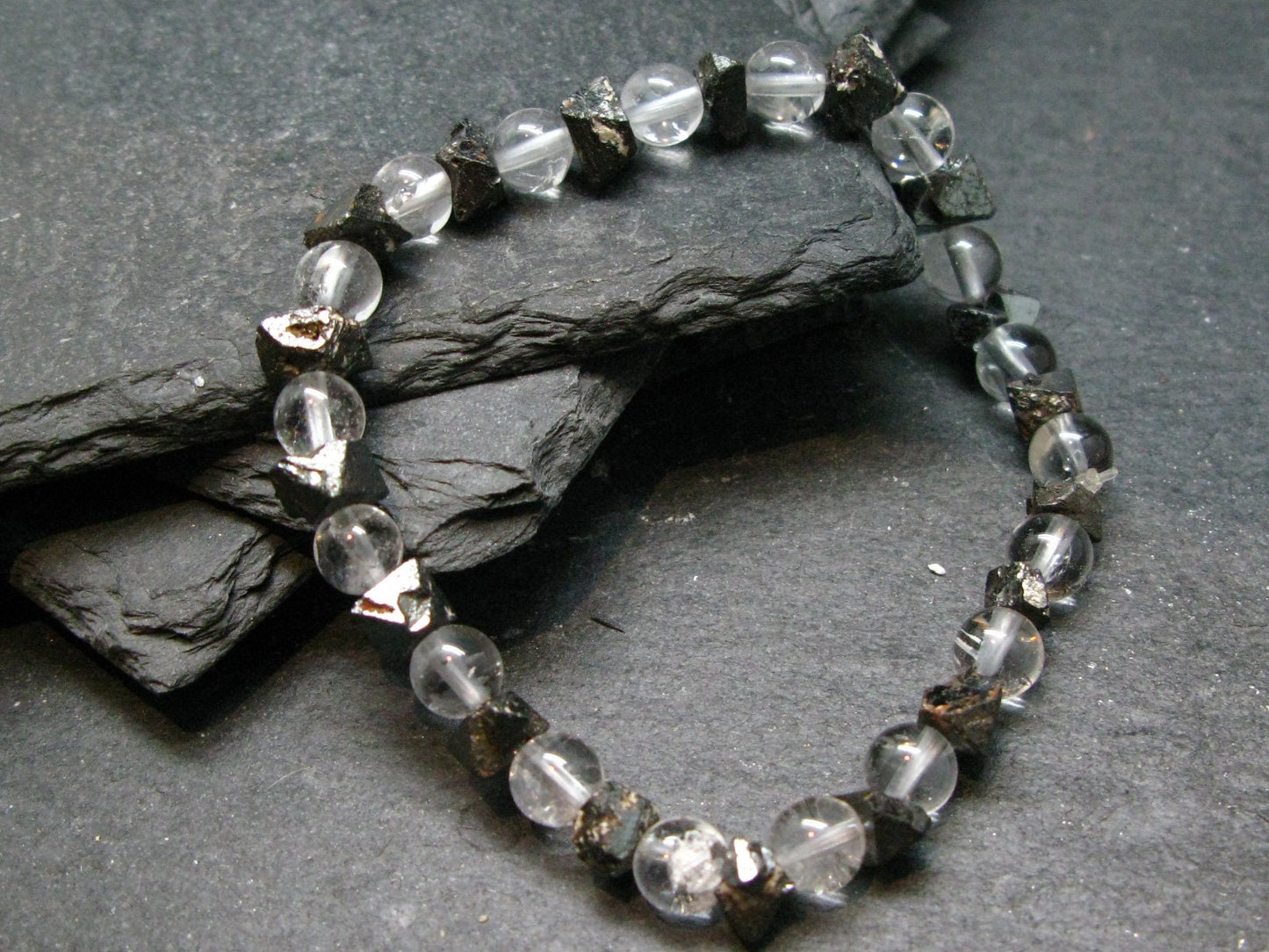 Magnetite & Quartz Crystals Genuine Bracelet ~ 7 Inches ~ 7mm Crystal Beads