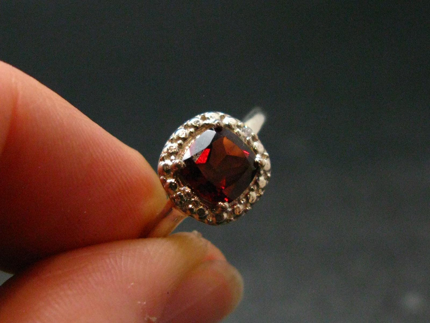 Red Garnet Rhodium Plated Sterling Silver Ring with CZ - Size 8 - 2.47 Grams