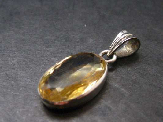 Yellow Citrine Gem Facetted Sterling Silver Pendant From Brazil - 1.1" - 2.97 Grams