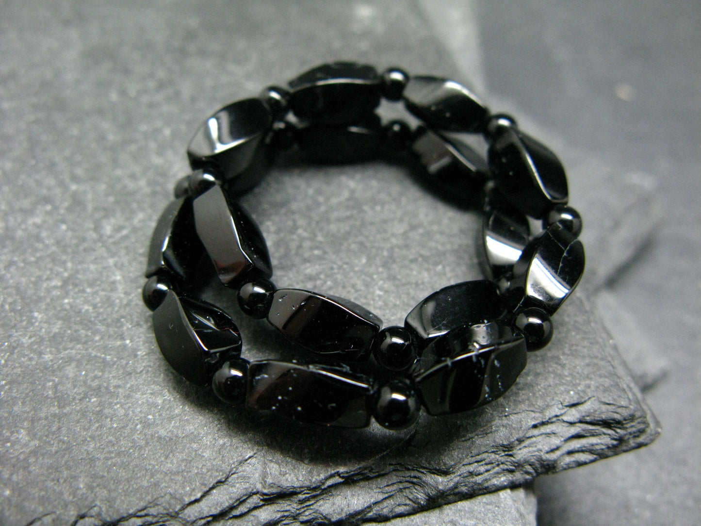 Black Tourmaline Genuine Bracelet ~ 7 Inches ~ Elongated & Round Beads