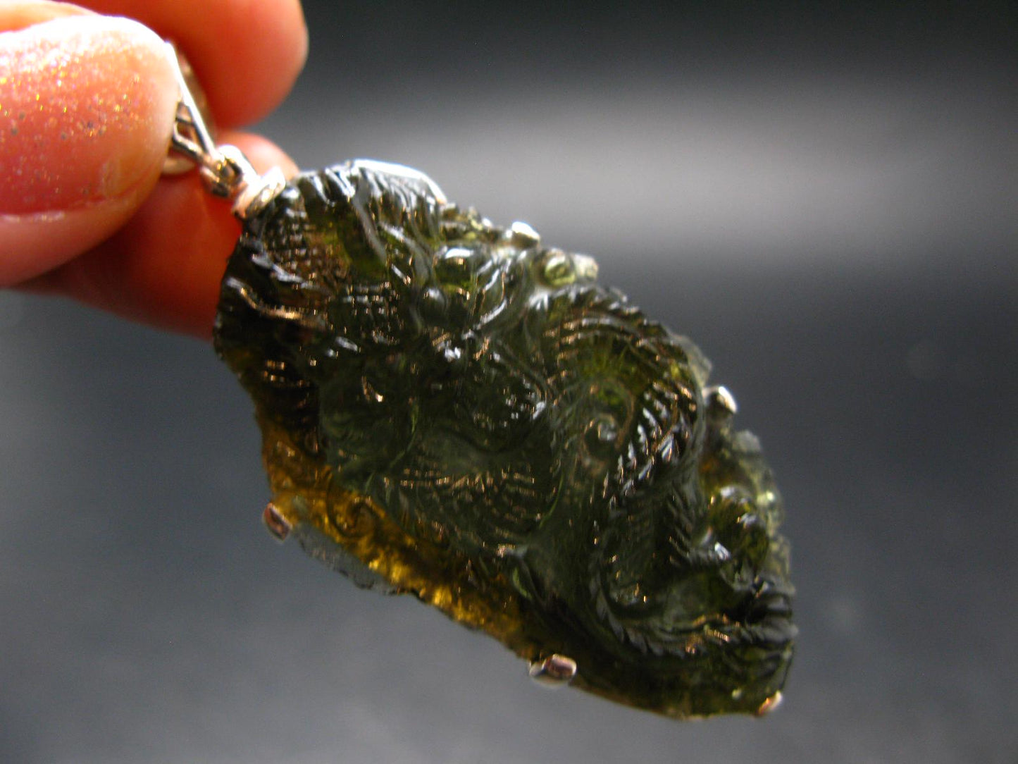 Moldavite Tektite Silver Dragon Pendant from Czech Republic - 2.4" - 11.78 Grams