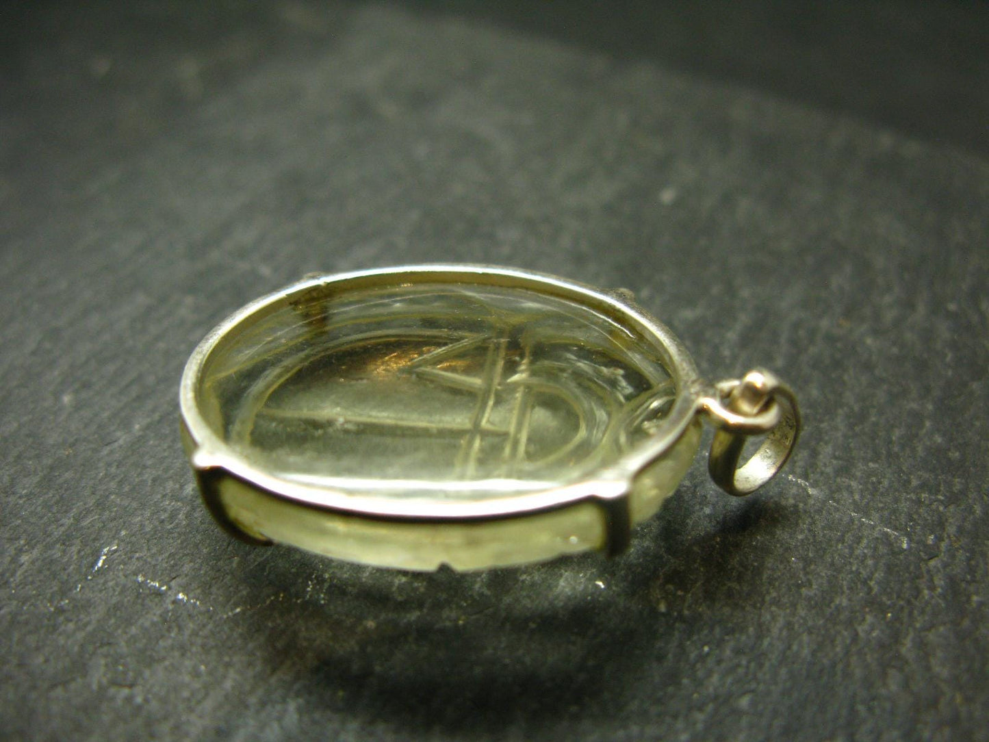 Gem Libyan Tektite Glass Scarab Carving Silver Pendant From Libya - 8.1 Grams - 1.5"