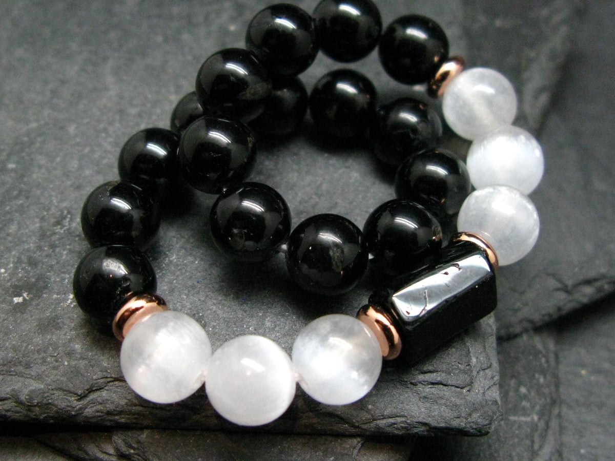 Black Tourmaline & Selenite Genuine Bracelet ~ 7 Inches ~ 8mm Round Beads