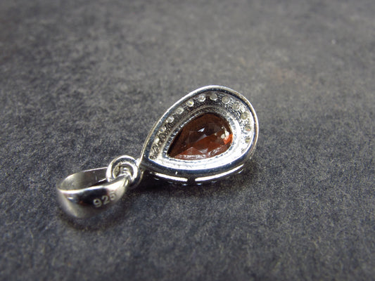 Genuine Red Garnet Almandine Gem with CZ Sterling Silver Pendant From India - 0.8" - 1.35 Grams