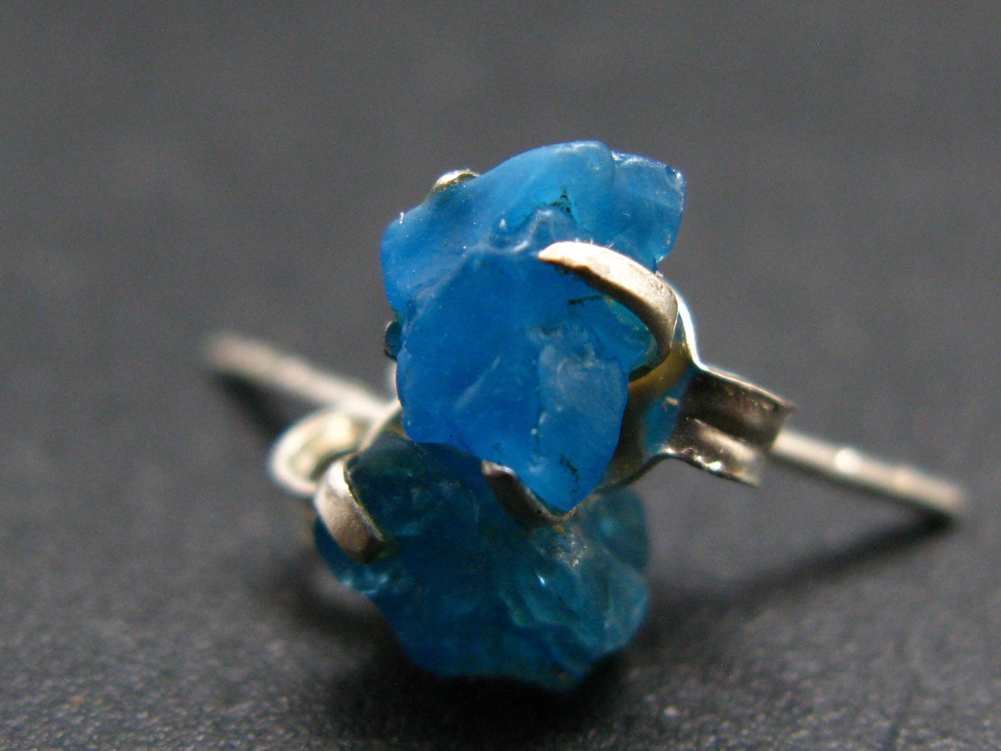 Natural Raw Gemmy Neon Blue Apatite Stud Earrings In Sterling Silver From Madagascar - 0.6"