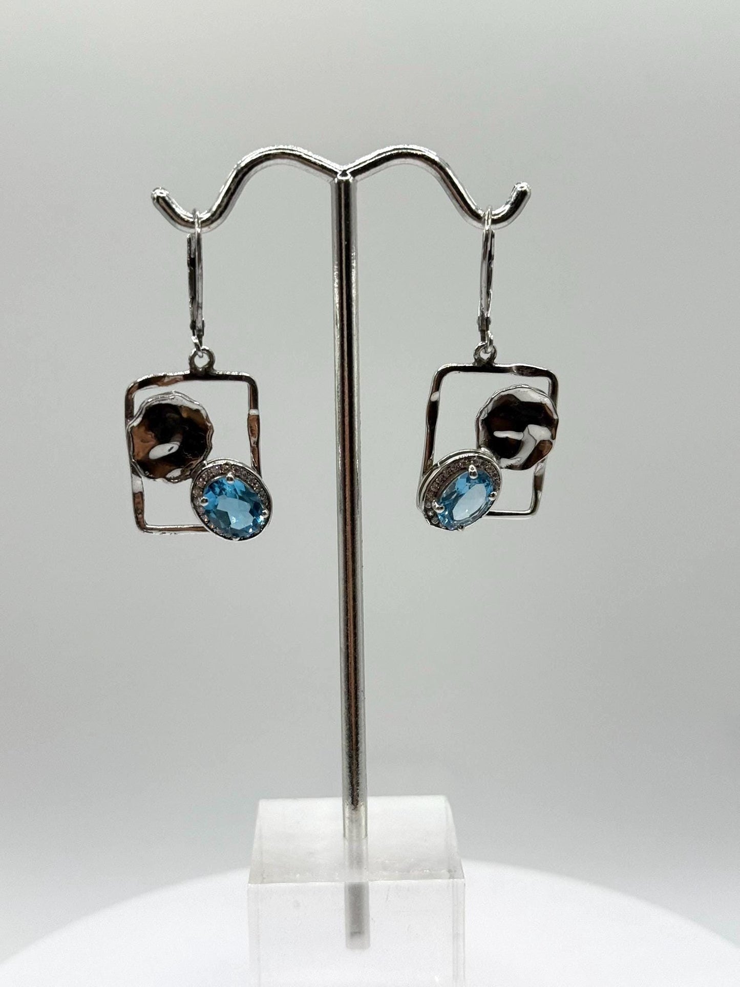 Swiss Blue Topaz Modern Geometric Dangle Earrings - Weight 5.22 Grams