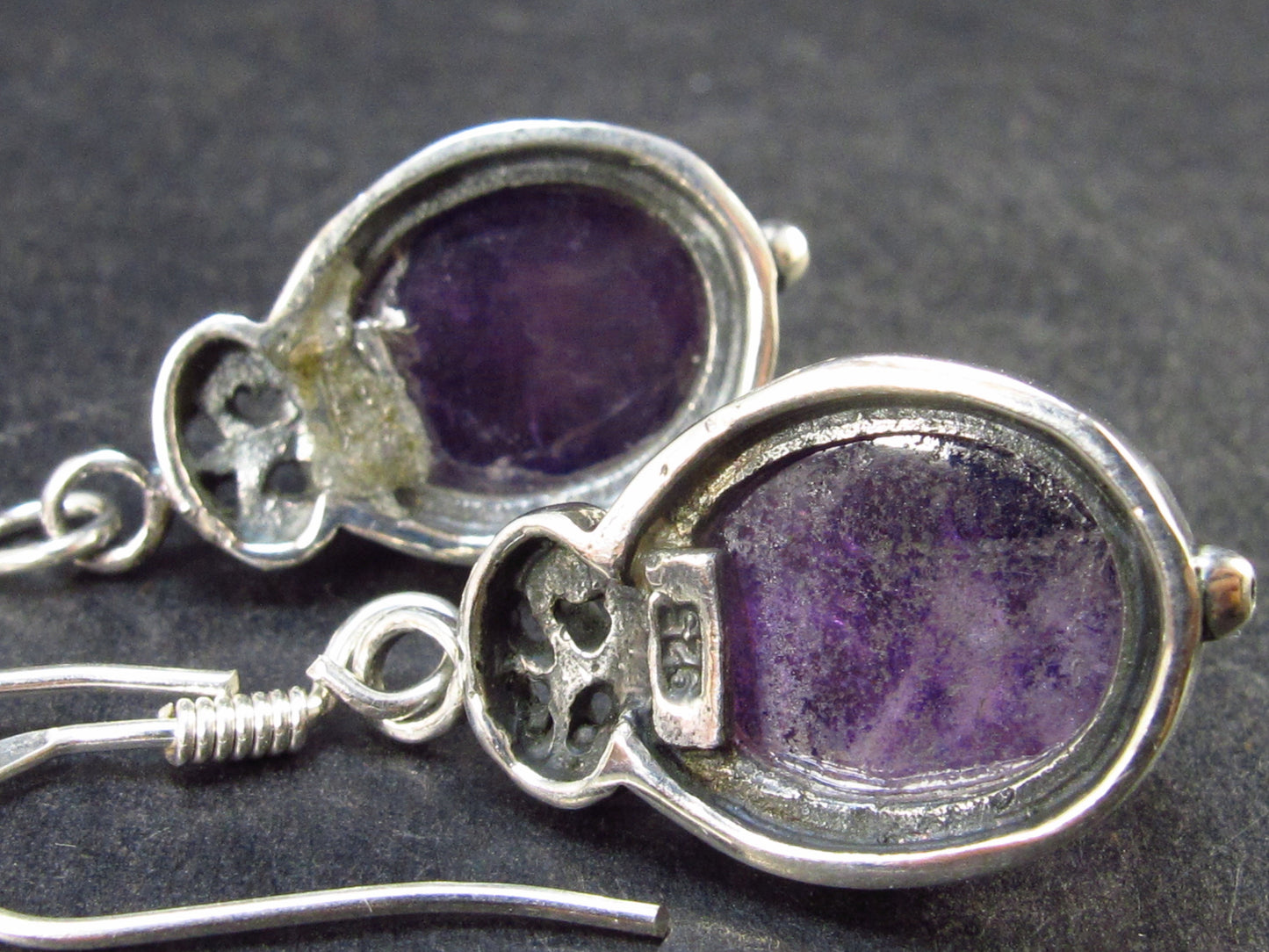 Minimalist Oval Shaped Cabochon Natural Amethyst 925 Sterling Silver Drop Earrings - 1.3" - 6.7 Grams