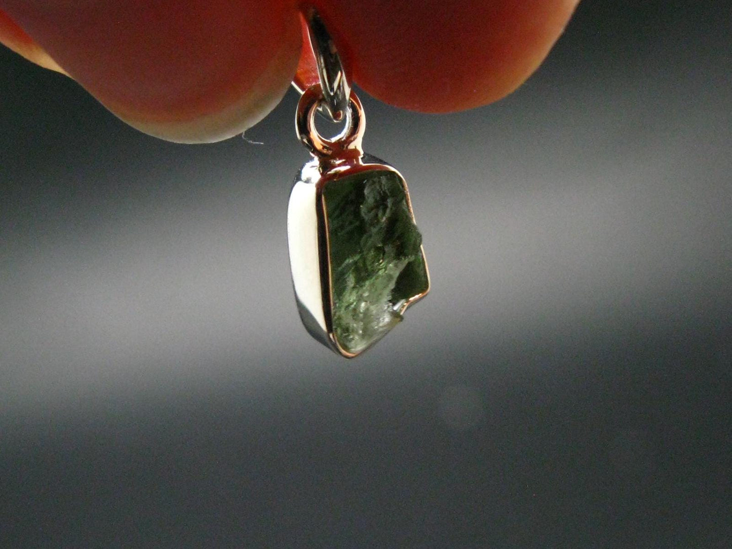 Gem Moldavite Tektite SS Pendant From Czech Republic - 0.7" - 1.0 Grams