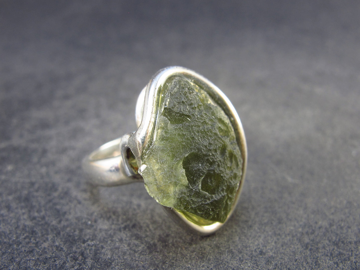 Moldavite Tektite Silver Ring from Czech Republic - Adjustable Size - 6.06 Grams