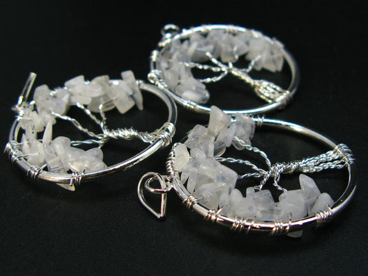 Set of Three Natural Moonstone Tree of Life Healing Necklace Pendant