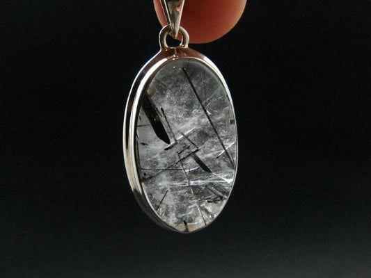 Large Tourmalinated Quartz Crystal Silver Pendant From Brazil - 1.6" - 7.33 Grams