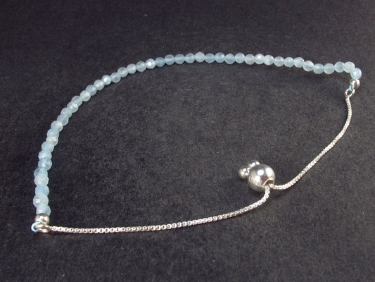 Lightweight Sparkly Faceted Aquamarine Tiny Beads Silver Bracelet from Brazil - Size adjustable - 2.72 Grams